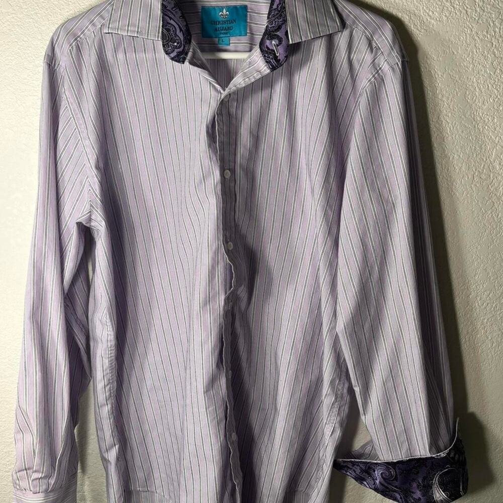Christian Aujard Paris Mens Large L Striped Button Down Dress Shirt Paisley Cuff